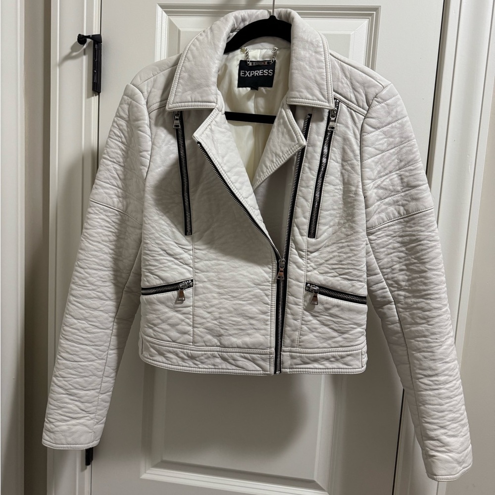 Express White Leather Moto Jacket with Quilted Texture